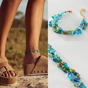 Free People Ariana Ost Marathon Anklet Neon Pop Turquoise Beaded Layered Glass